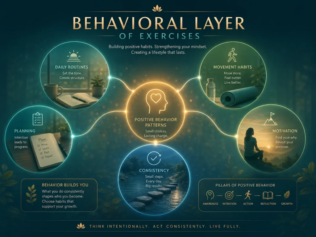 Behavioral Layer of Exercises Behavioral Layer of Exercises showing habits, routines, planning, motivation, consistency, and daily movement behavior.