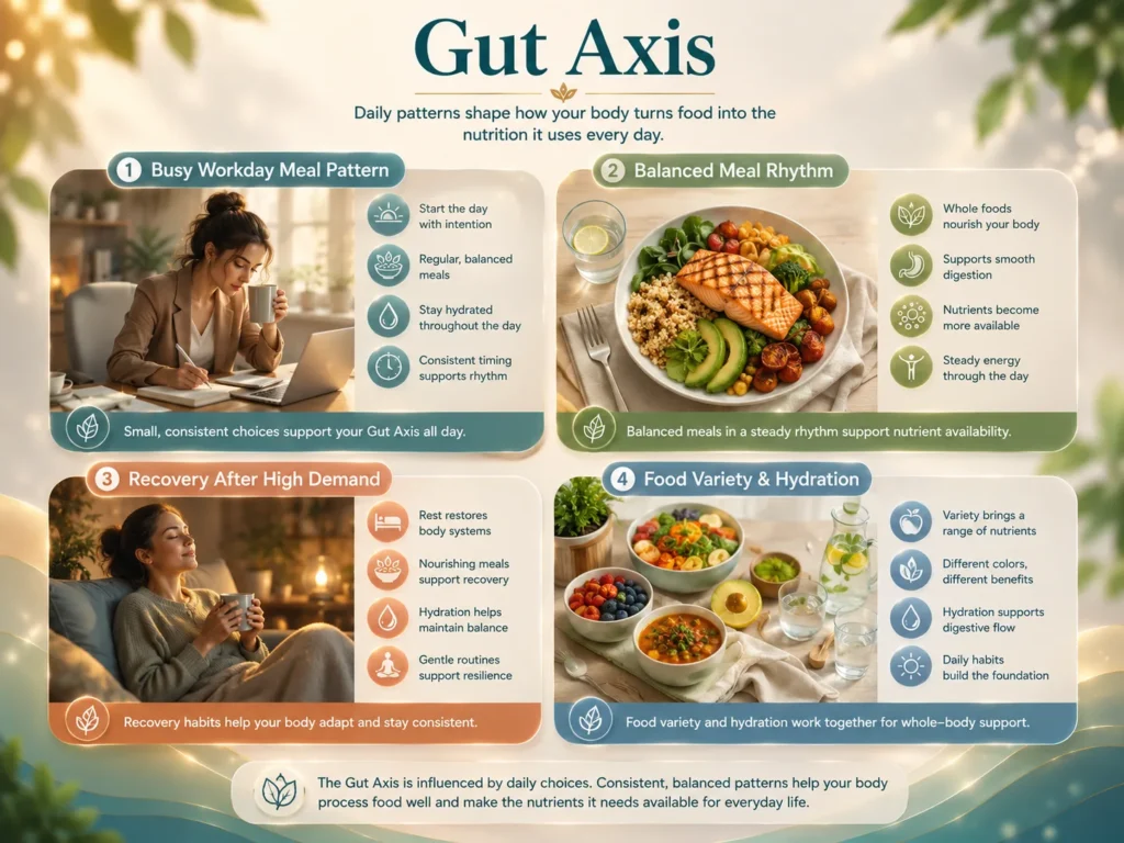 Gut Axis Daily-Life Examples Gut Axis daily-life image showing meal timing, hydration, food variety, digestion rhythm, and recovery after high demand.