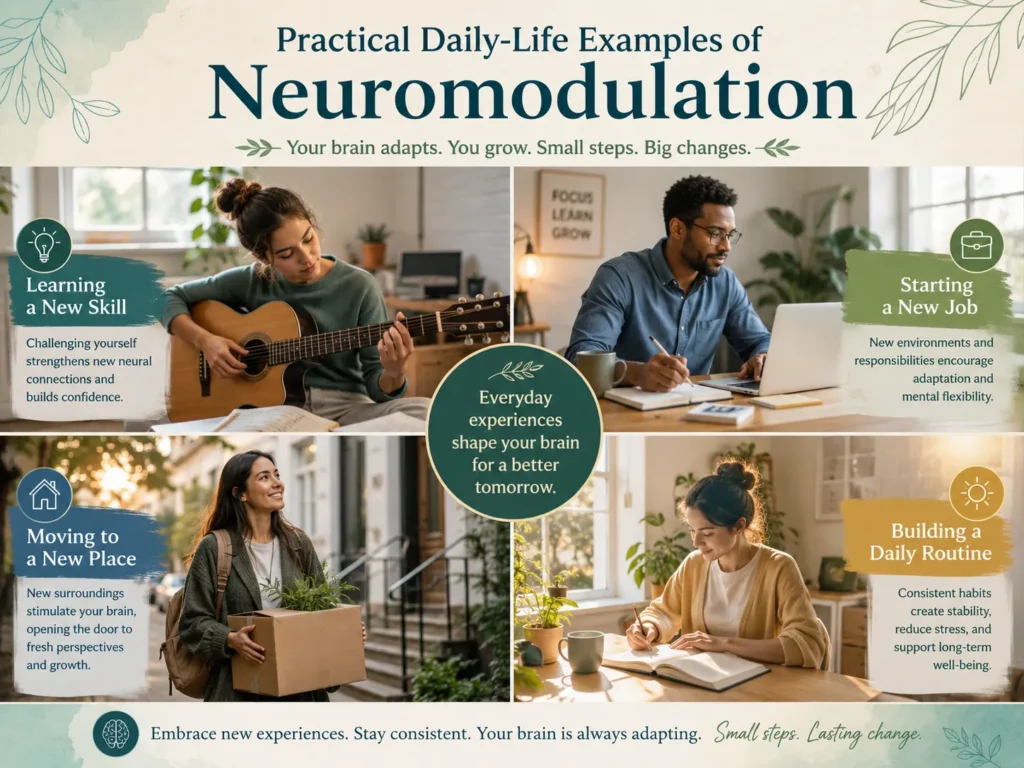 Practical Daily-Life Examples of Neuromodulation Practical Neuromodulation examples showing learning a skill, new job adjustment, moving to a new place, and daily routine building.