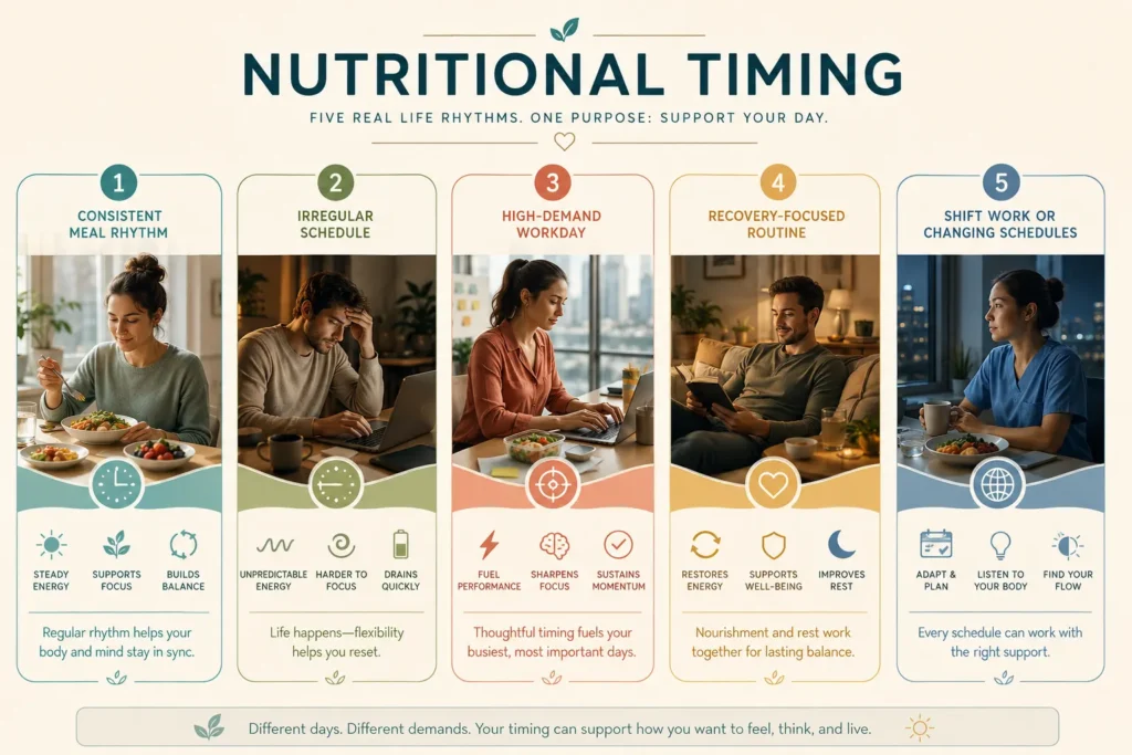 Nutritional Timing Daily-Life Examples Nutritional Timing daily-life image showing meal rhythm, irregular schedule, high-demand days, shift work, and recovery routine.