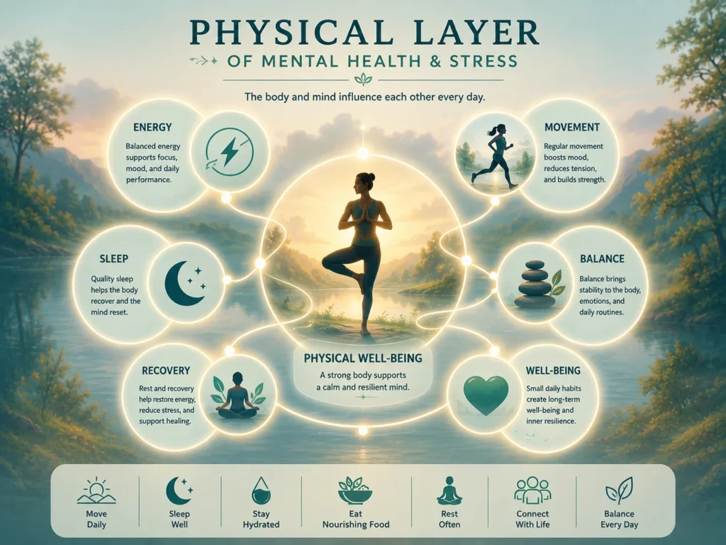Physical Layer of Mental Health and Stress Physical Layer of Mental Health and Stress showing energy, recovery, movement, rest, and well-being.