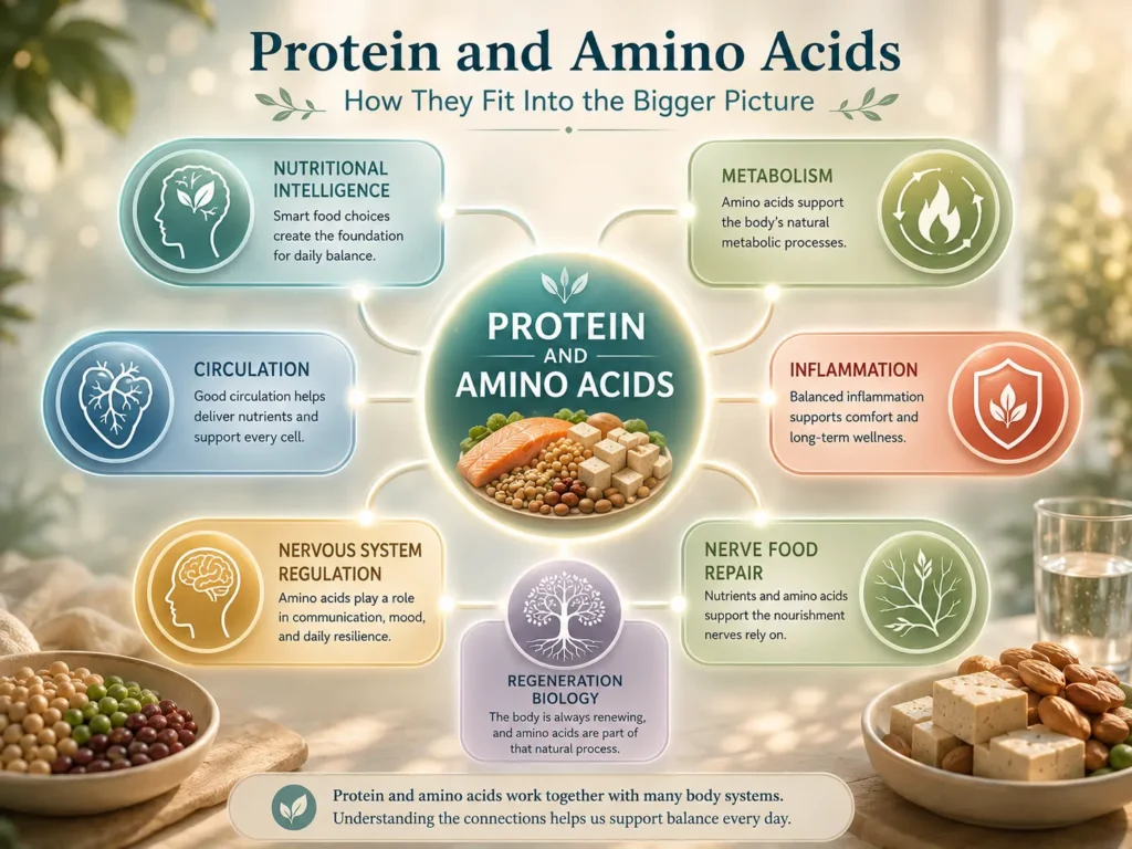 Protein and Amino Acids interaction map connecting metabolism, circulation, inflammation, regeneration biology, and nerve-health education.