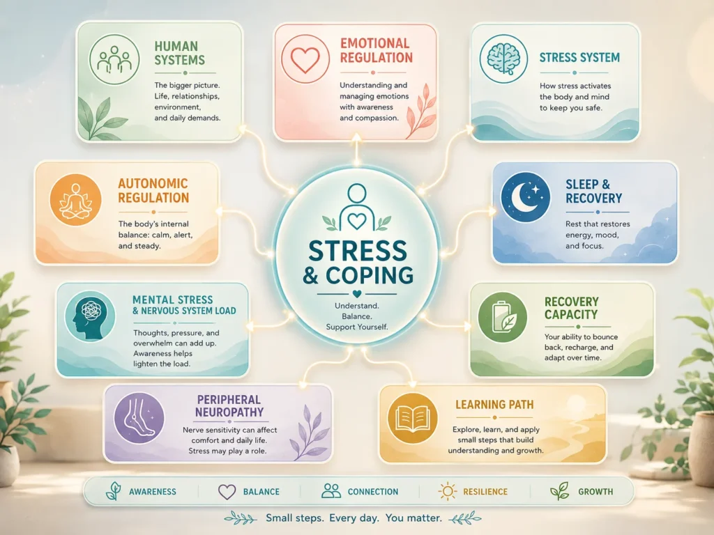 Stress & Coping Topic Cluster and Learning Path Stress & Coping topic cluster with Human Systems, Emotional Regulation, Stress System, Autonomic Regulation, Sleep Recovery, and Learning Path