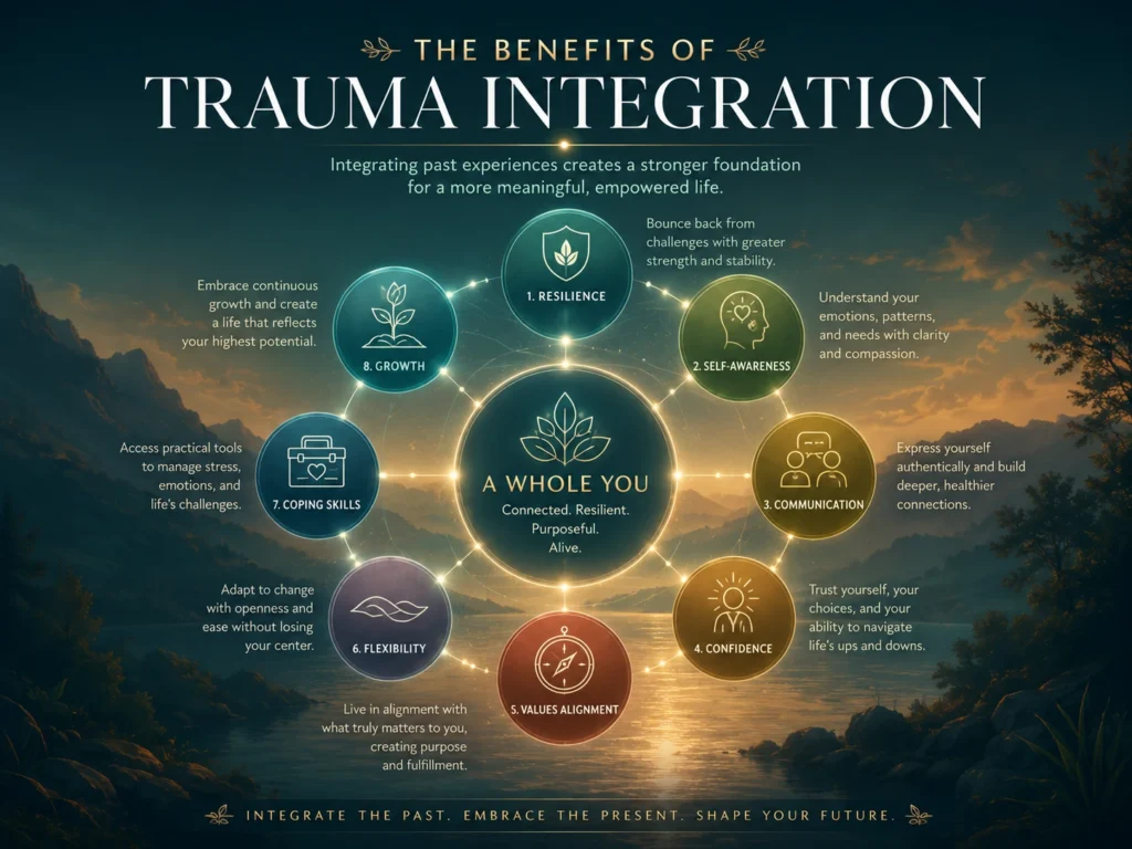 Trauma Integration Recovery and Resilience Benefits Educational infographic illustrating resilience, confidence, communication, self-awareness, and growth.