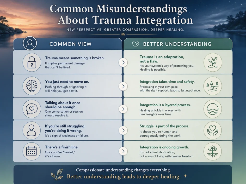 Common Misunderstandings About Trauma Integration Comparison chart showing misconceptions versus better understanding of Trauma Integration.