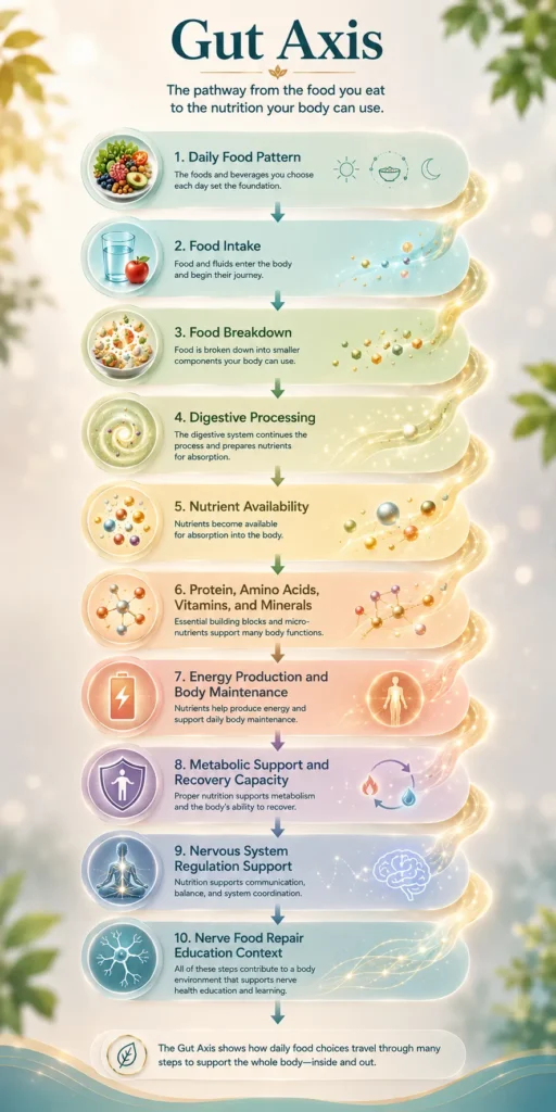 Gut Axis Visual Flow Gut Axis visual flow from daily food pattern to digestion, nutrient availability, metabolic support, and nerve food repair education.