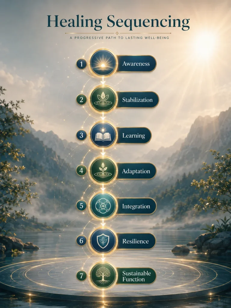 Healing Sequencing and Integration Timeline infographic showing awareness, stabilization, learning, adaptation and resilience progression.