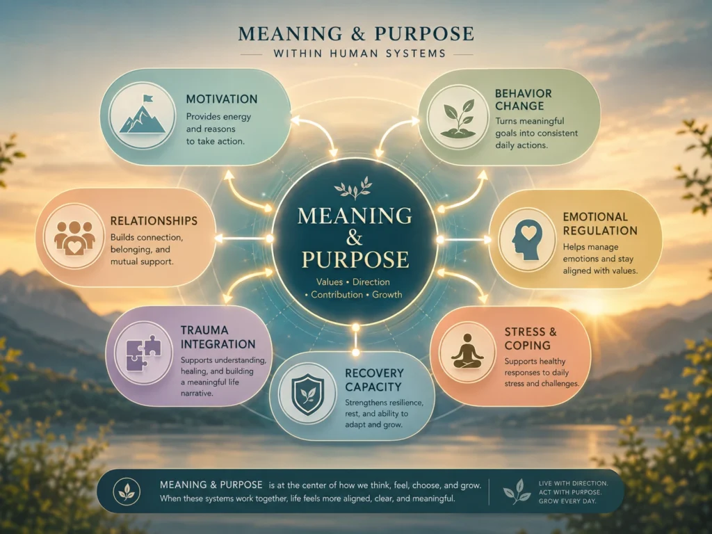 Meaning & Purpose: Early Formation of Values and Direction Meaning & Purpose image showing early formation of values, personal direction, growth, relationships, and life choices.