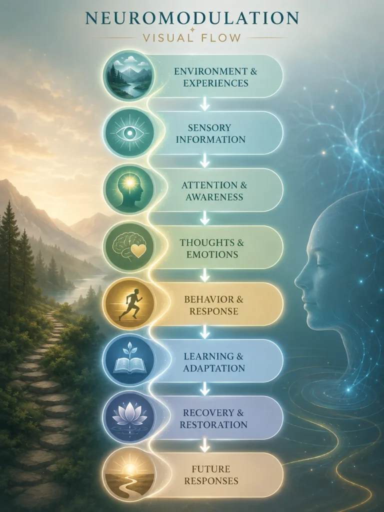 Neuromodulation Visual Flow Neuromodulation visual flow showing experience, sensory information, attention, behavior, learning, recovery, and future response.