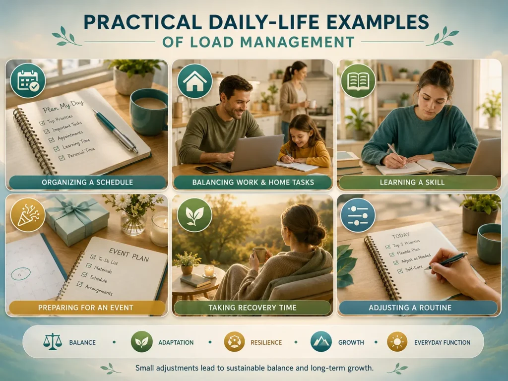 Practical daily-life examples of Load Management showing schedule balance, responsibilities, learning, recovery, and adaptation.