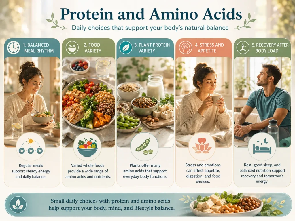 Protein and Amino Acids daily-life image showing meal rhythm, food variety, stress, digestion, and recovery capacity.