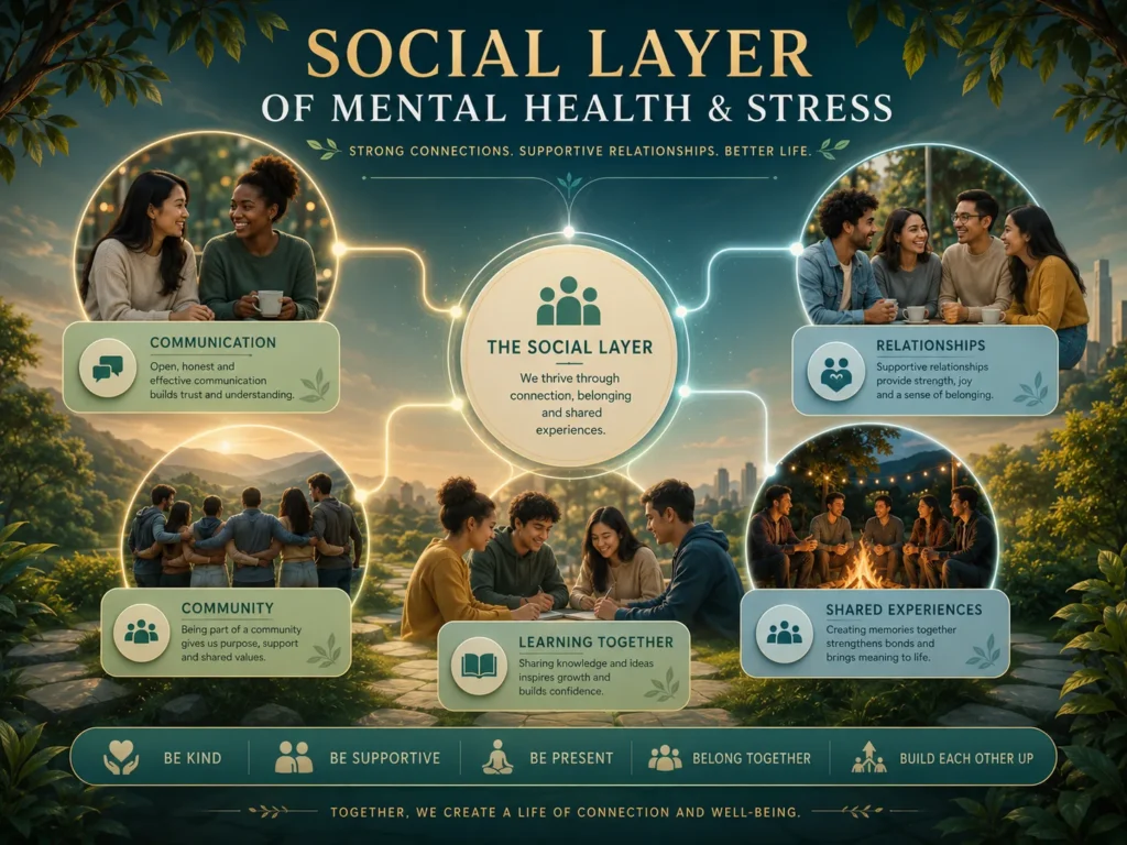 Social Layer of Mental Health and Stress Social Layer of Mental Health and Stress showing relationships, communication, community, connection, and support.