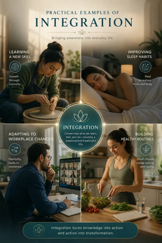 Real-Life Examples of Integration Connected scenes showing skill learning, healthy routines, workplace adaptation and sleep improvement.