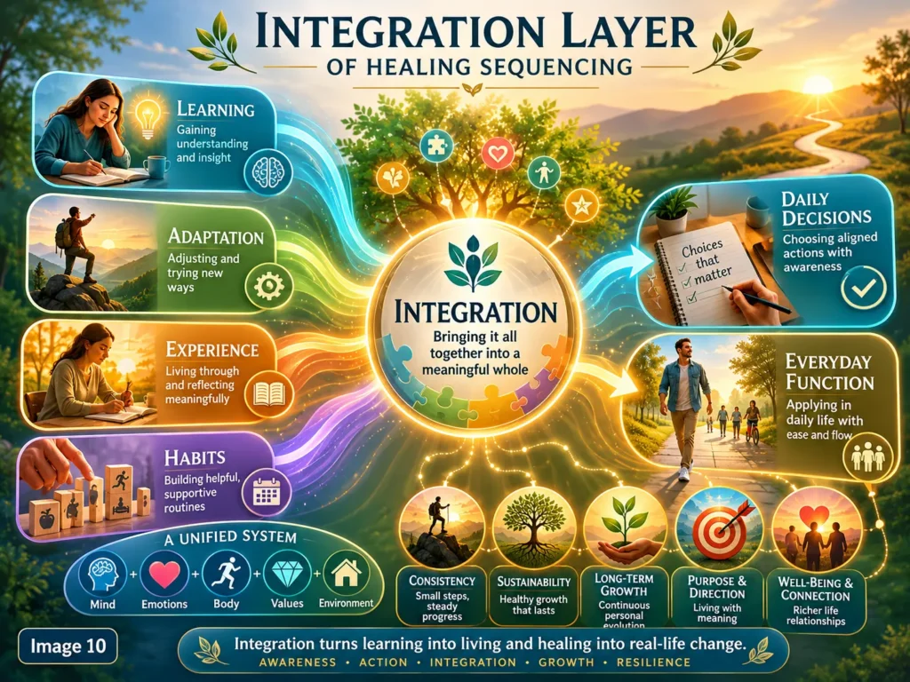 Integration infographic showing learning, adaptation, experience, habits, and daily function connected together.