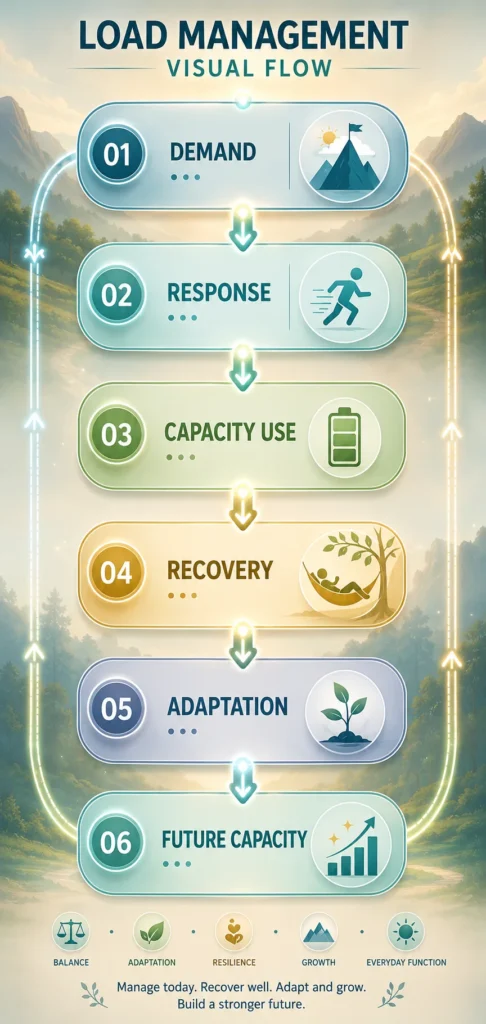 Load Management visual flow showing demand, response, capacity use, recovery, adaptation, and future capacity.