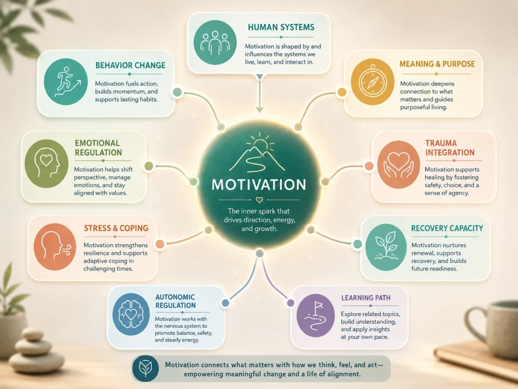 Motivation Topic Cluster and Learning Path Motivation topic cluster with Human Systems, Behavior Change, Emotional Regulation, Meaning and Purpose, Recovery Capacity, and Learning Path