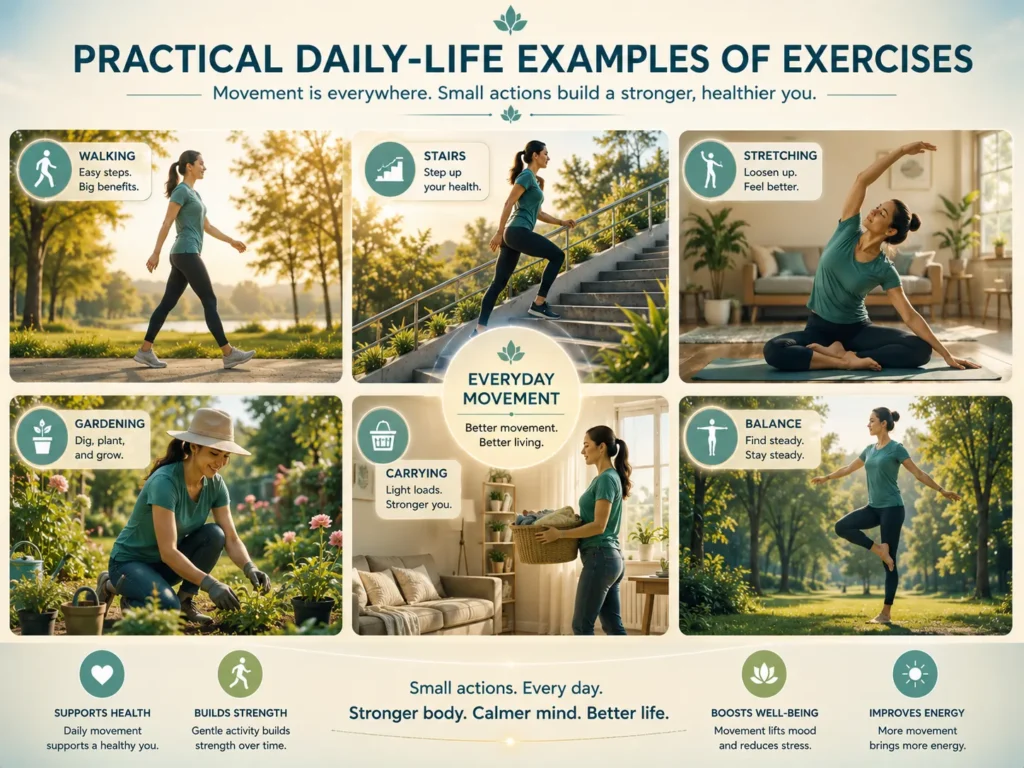 Practical Daily-Life Examples of Exercises Practical examples of Exercises showing walking, stairs, gardening, stretching, balance, and daily movement.