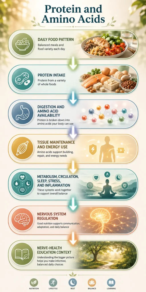 Protein and Amino Acids visual flow from daily food pattern to amino acid availability, nervous system regulation, and recovery capacity.