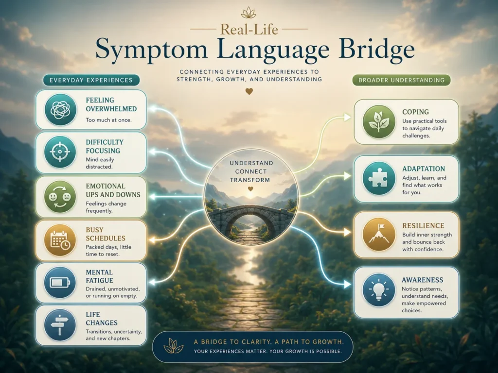 Real-Life Symptom Language Bridge Mental Health and Stress Mental Health and Stress symptom language bridge showing focus, overwhelm, fatigue, emotions, coping, and daily experiences.