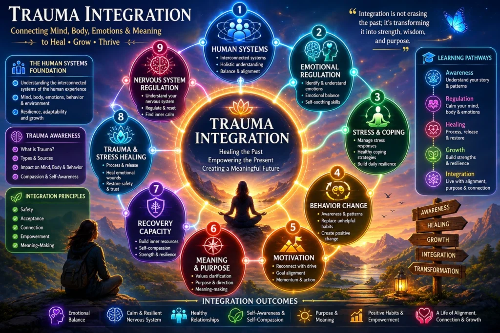 Trauma Integration Topic Cluster Placement Topic cluster map showing Trauma Integration connected to Human Systems and recovery learning pages.