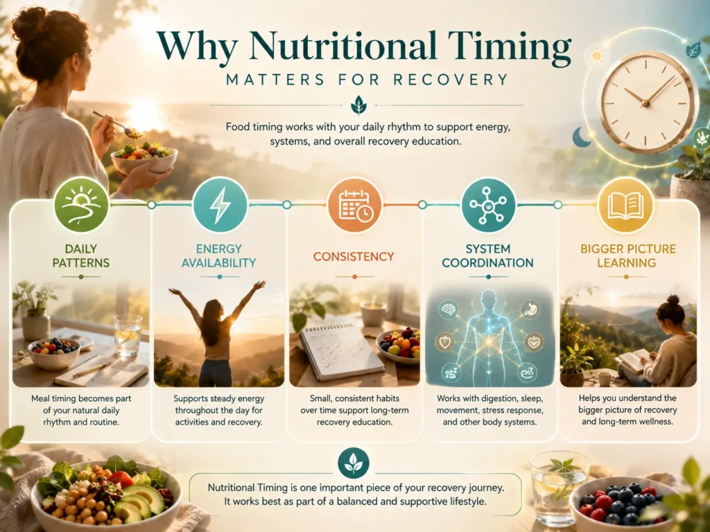 Why Nutritional Timing Matters for Recovery Why Nutritional Timing matters for recovery image showing daily patterns, energy availability, consistency, system coordination, and recovery education.