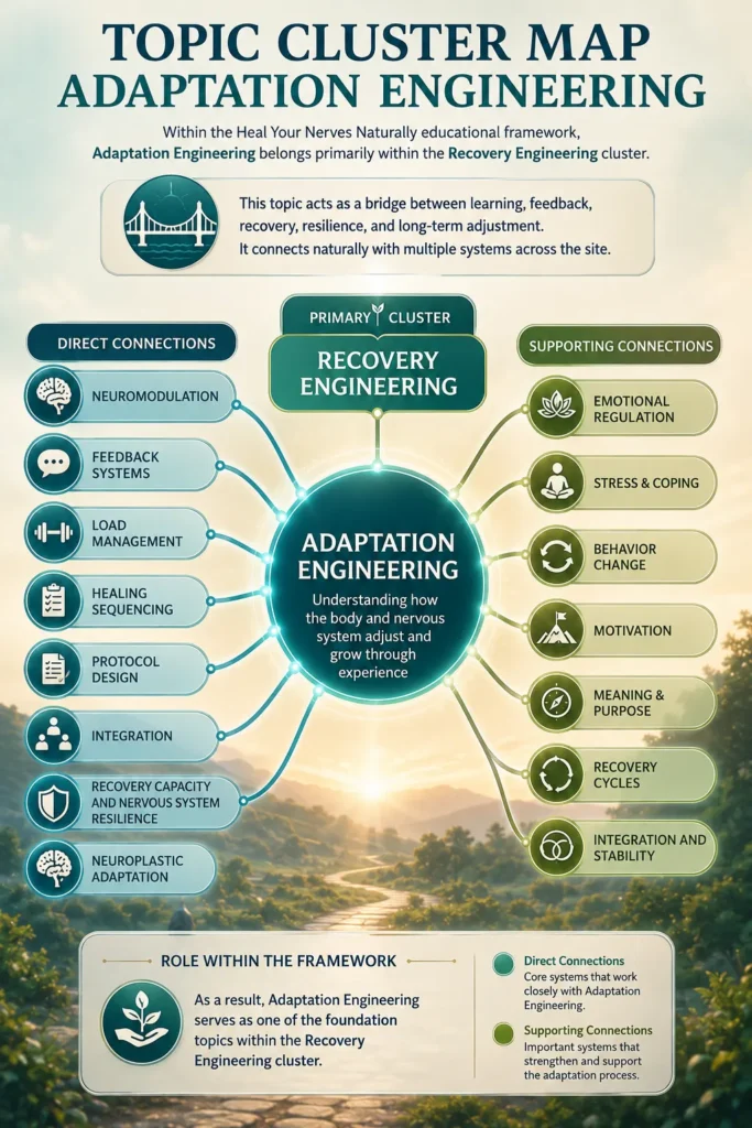 Adaptation Engineering Topic Cluster Map Adaptation Engineering topic cluster map showing connections between Recovery Engineering, Neuromodulation, Feedback Systems, Load Management, Neuroplastic Adaptation, Emotional Regulation, and Recovery Cycles.