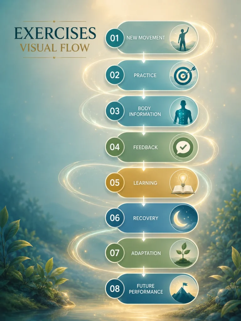 Exercises Visual Flow Exercises visual flow showing new movement, practice, body information, feedback, learning, recovery, adaptation, and future performance.