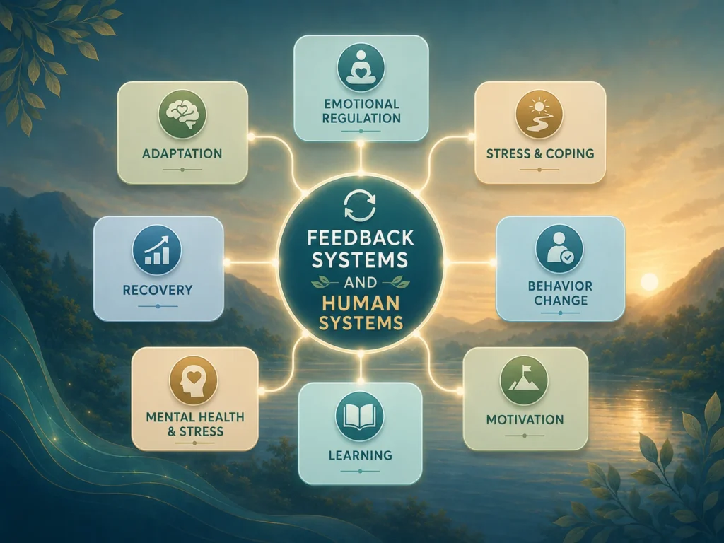 Feedback Systems and Human Systems Feedback Systems and Human Systems concept map showing emotional regulation, stress coping, behavior change, motivation, and mental health.