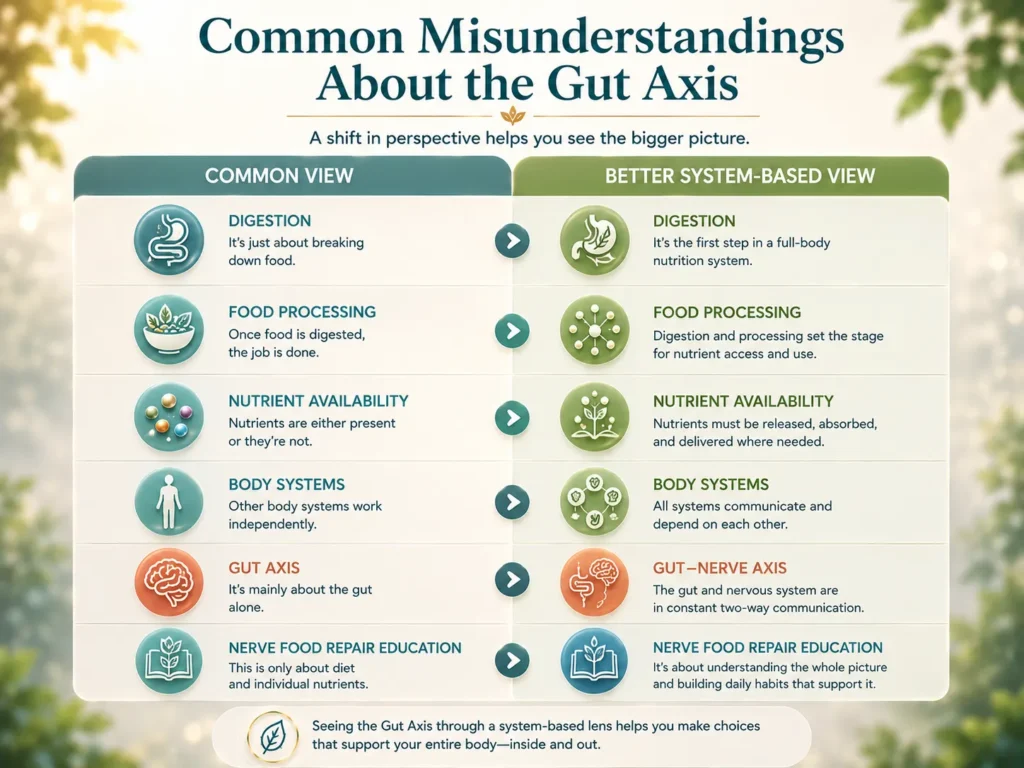 Gut Axis Common Misunderstandings Common misunderstandings about the Gut Axis comparison image with common view and better system-based view.