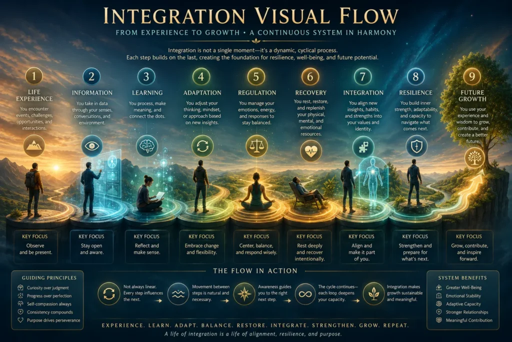 Complete Integration Visual Flow Comprehensive system diagram showing experience, learning, adaptation, recovery, resilience and growth.