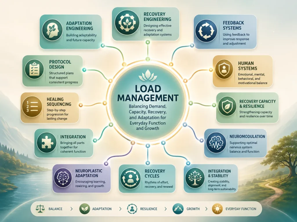 Load Management topic connections map showing Recovery Engineering, Human Systems, adaptation, feedback systems, protocol design, and recovery capacity.
