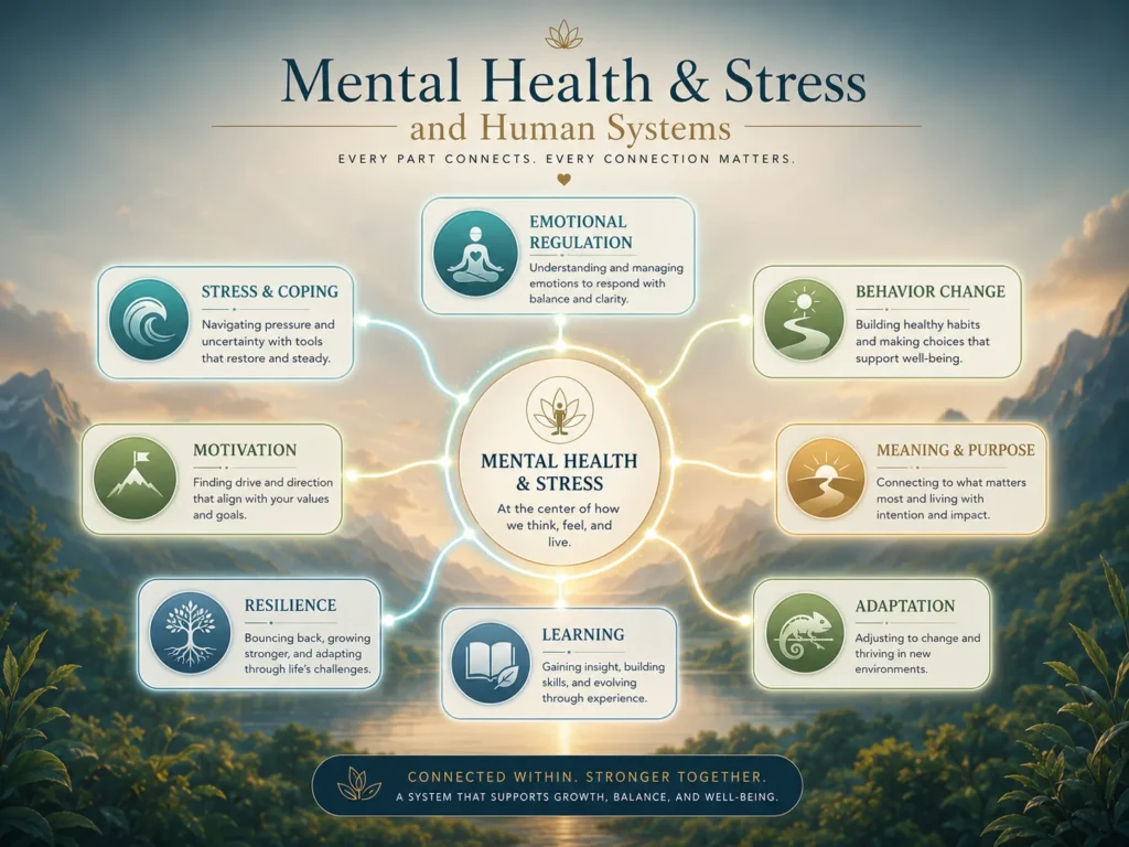 Mental Health and Stress Human Systems Connections Mental Health and Stress concept map showing Emotional Regulation, Stress and Coping, Motivation, Meaning and Purpose, and Behavior Change.