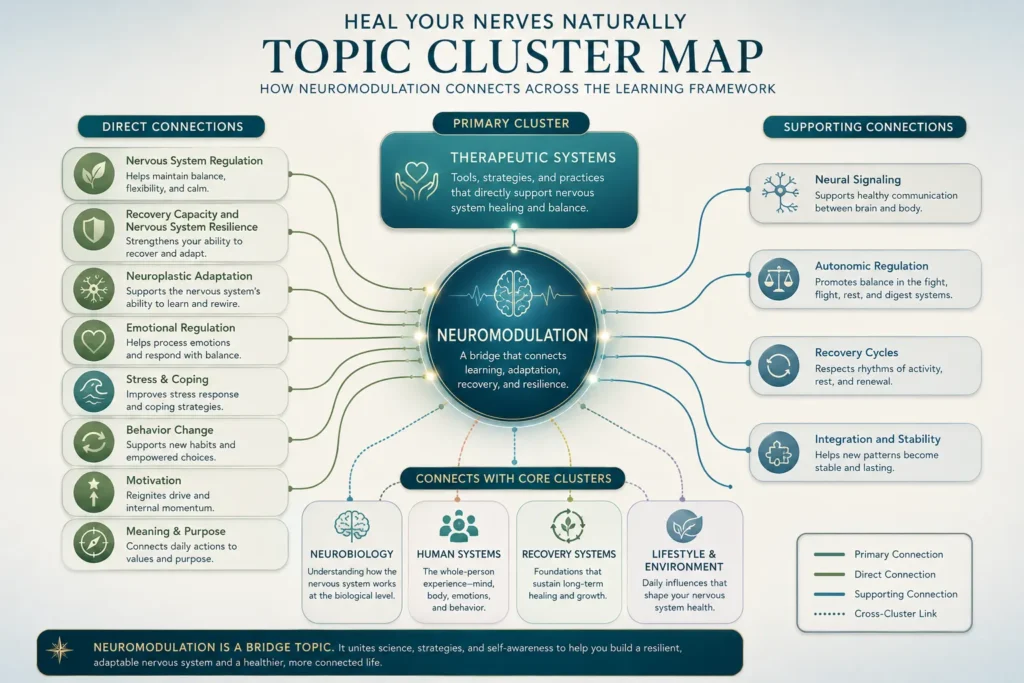 Neuromodulation Topic Cluster Map: Connections Across Recovery, Neuroplasticity & Nervous System Learning Educational topic cluster map showing neuromodulation as a bridge topic within the Heal Your Nerves Naturally framework, connecting therapeutic systems, nervous system regulation, neuroplastic adaptation, recovery capacity, emotional regulation, stress coping, motivation, behavior change, and recovery systems.
