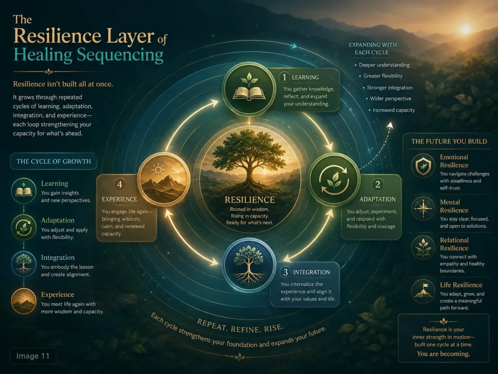 Resilience infographic showing growth, flexibility, adaptation, and long-term capacity.