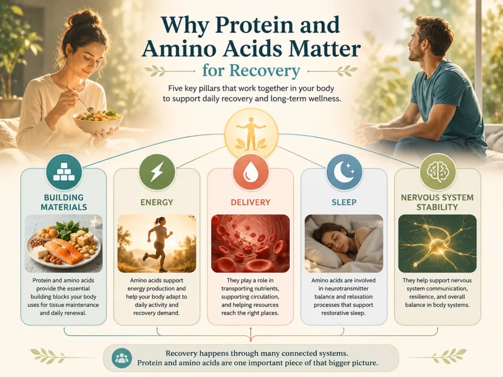 Why Protein and Amino Acids matter for recovery image showing building materials, energy, circulation, sleep, and nervous system stability.