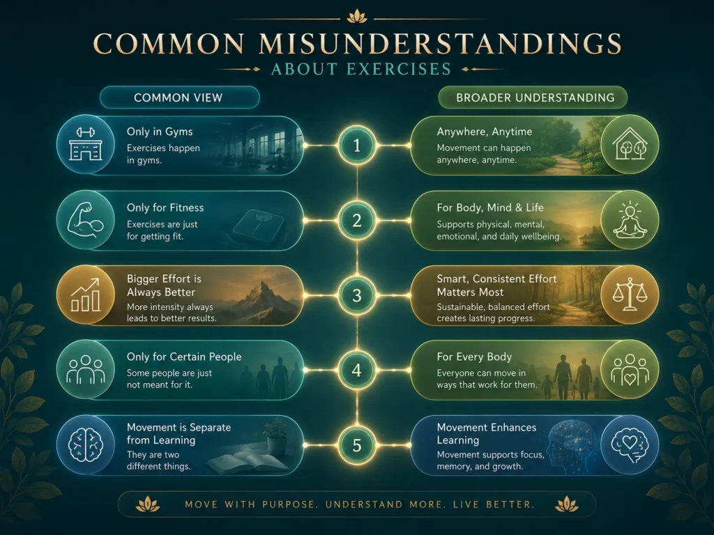 Common Misunderstandings About Exercises Common misunderstandings about Exercises infographic showing gym-only views, fitness-only views, effort myths, and broader movement understanding.