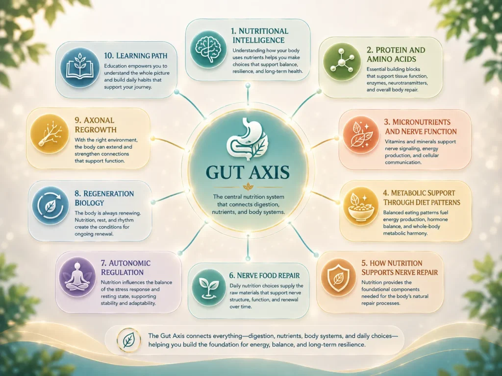 Gut Axis Topic Cluster Placement Gut Axis topic cluster map connecting Nutritional Intelligence, Protein and Amino Acids, Nerve Food Repair, Autonomic Regulation, and Regeneration Biology.