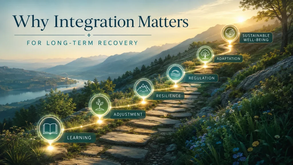 Why Integration Matters for Long-Term Recovery Pathway infographic showing learning, adaptation, regulation, resilience and sustainable recovery.