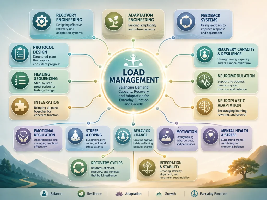 Load Management topic cluster map showing Recovery Engineering, Adaptation Engineering, Feedback Systems, Protocol Design, Healing Sequencing, Integration, and recovery topics.