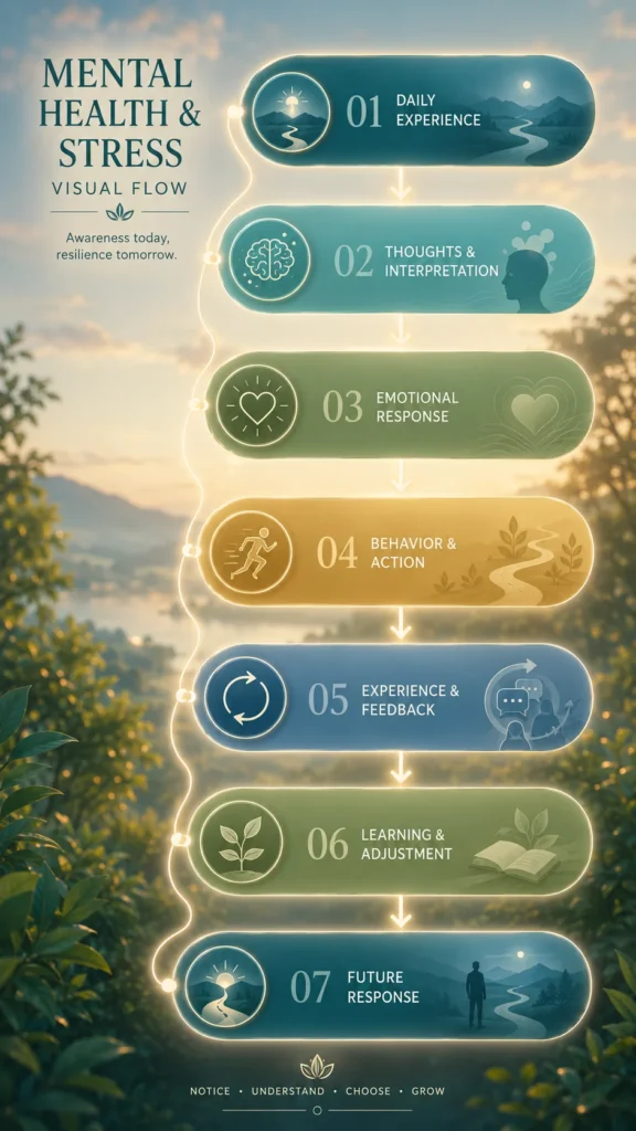 Mental Health and Stress Visual Flow Mental Health and Stress visual flow showing daily experience, thoughts, emotions, behavior, learning, and future response.