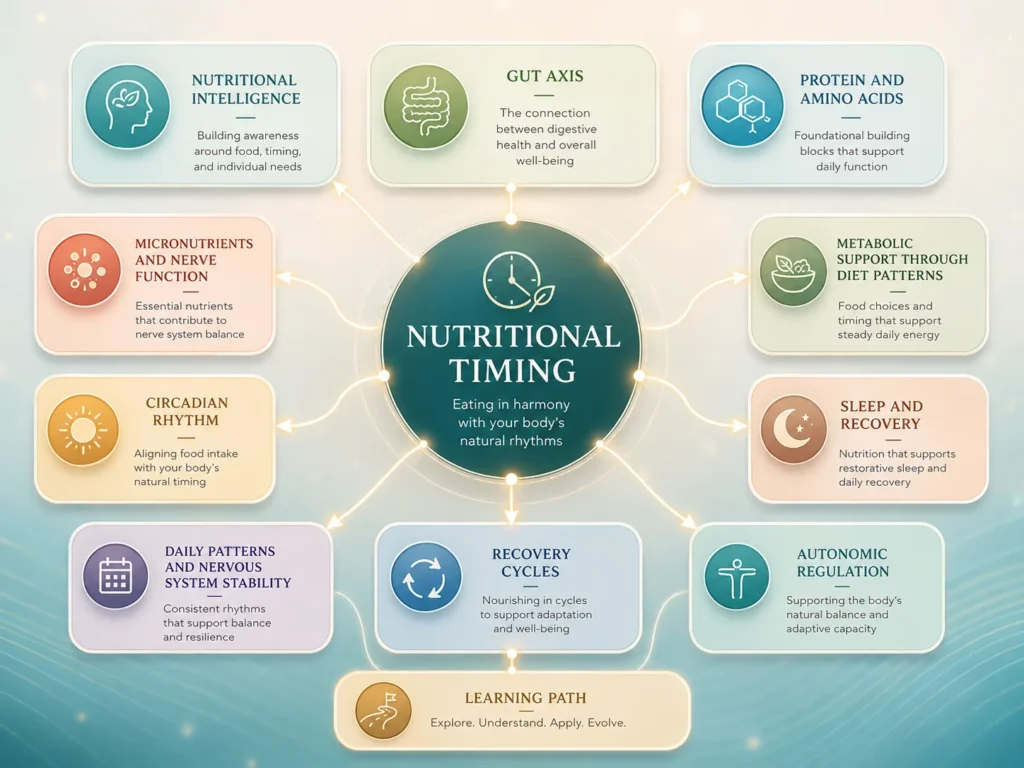 Nutritional Timing Topic Cluster Placement Nutritional Timing topic cluster map connecting Nutritional Intelligence, Gut Axis, Circadian Rhythm, Sleep and Recovery, and Recovery Cycles.