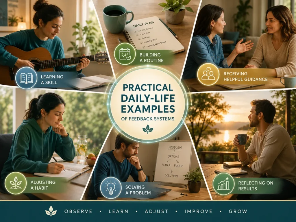 Practical Daily-Life Examples of Feedback Systems Practical examples of Feedback Systems showing routines, learning, communication, habits, decisions, and problem solving.