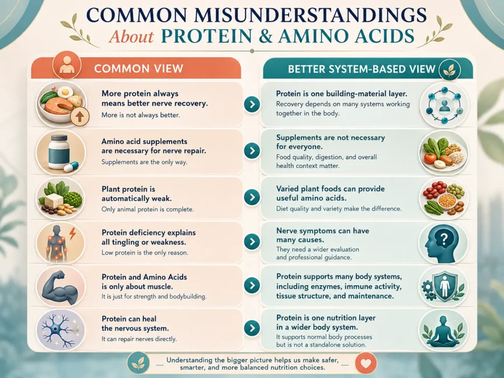 Common misunderstandings about Protein and Amino Acids comparison image with common view and better system-based view.