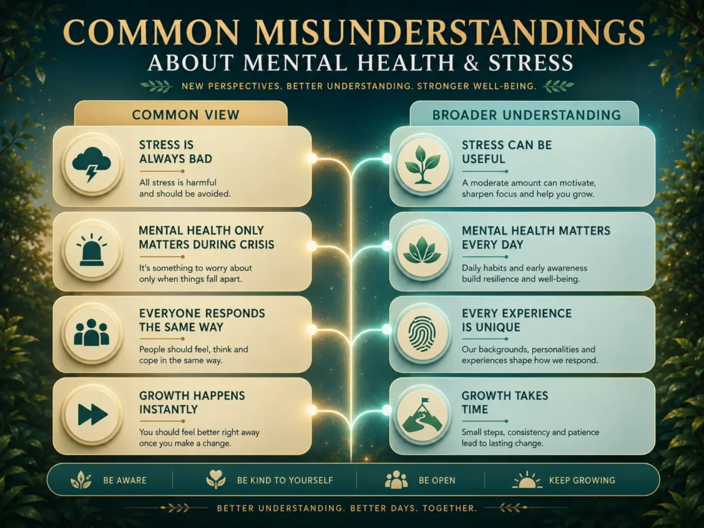Common Misunderstandings About Mental Health and Stress Common misunderstandings about Mental Health and Stress showing balanced educational explanations and everyday perspectives.