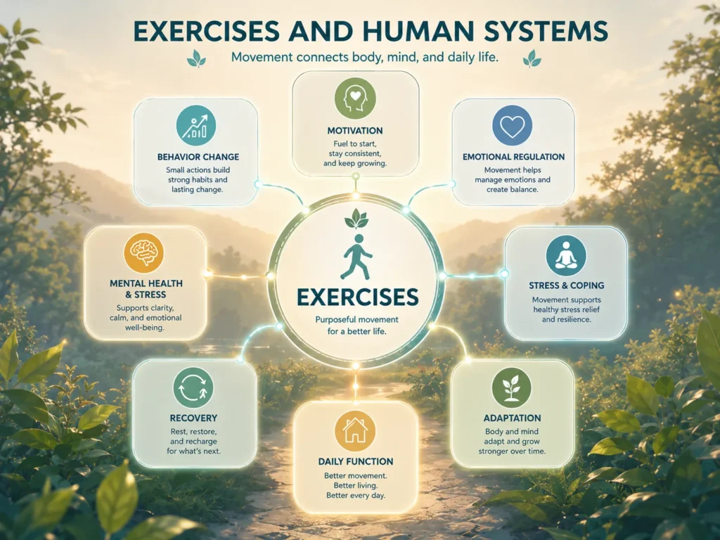 Exercises and Human Systems Exercises and Human Systems concept map showing motivation, behavior change, emotional regulation, stress coping, recovery, and adaptation.
