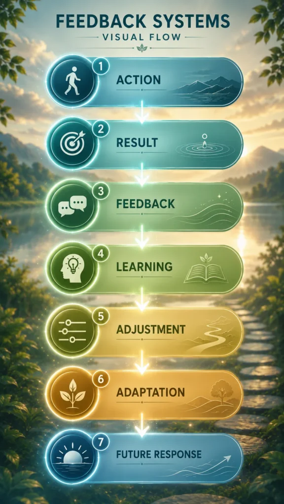 Feedback Systems Visual Flow Feedback Systems visual flow showing action, result, feedback, learning, adjustment, adaptation, and future response.