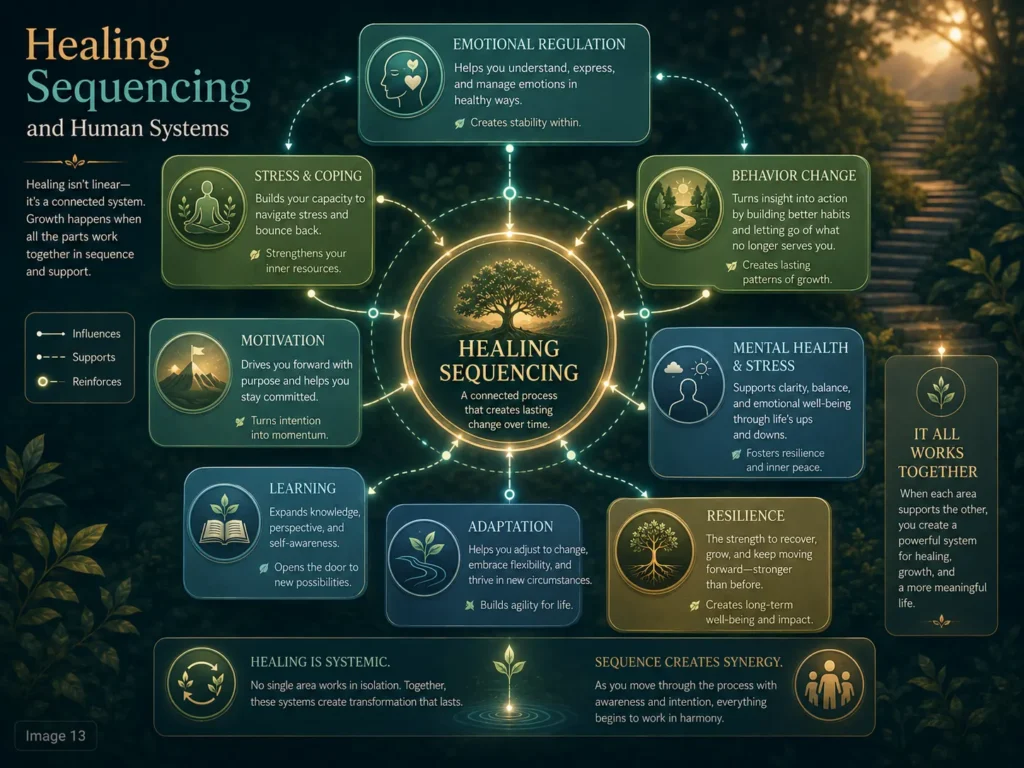 Human Systems infographic connecting Healing Sequencing with emotional regulation, stress coping, behavior change, motivation, and resilience.