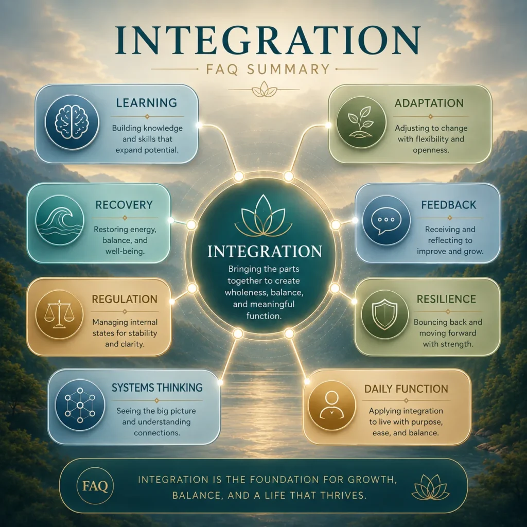 Integration FAQ Summary Summary infographic connecting integration with learning, adaptation, resilience, recovery and feedback systems.