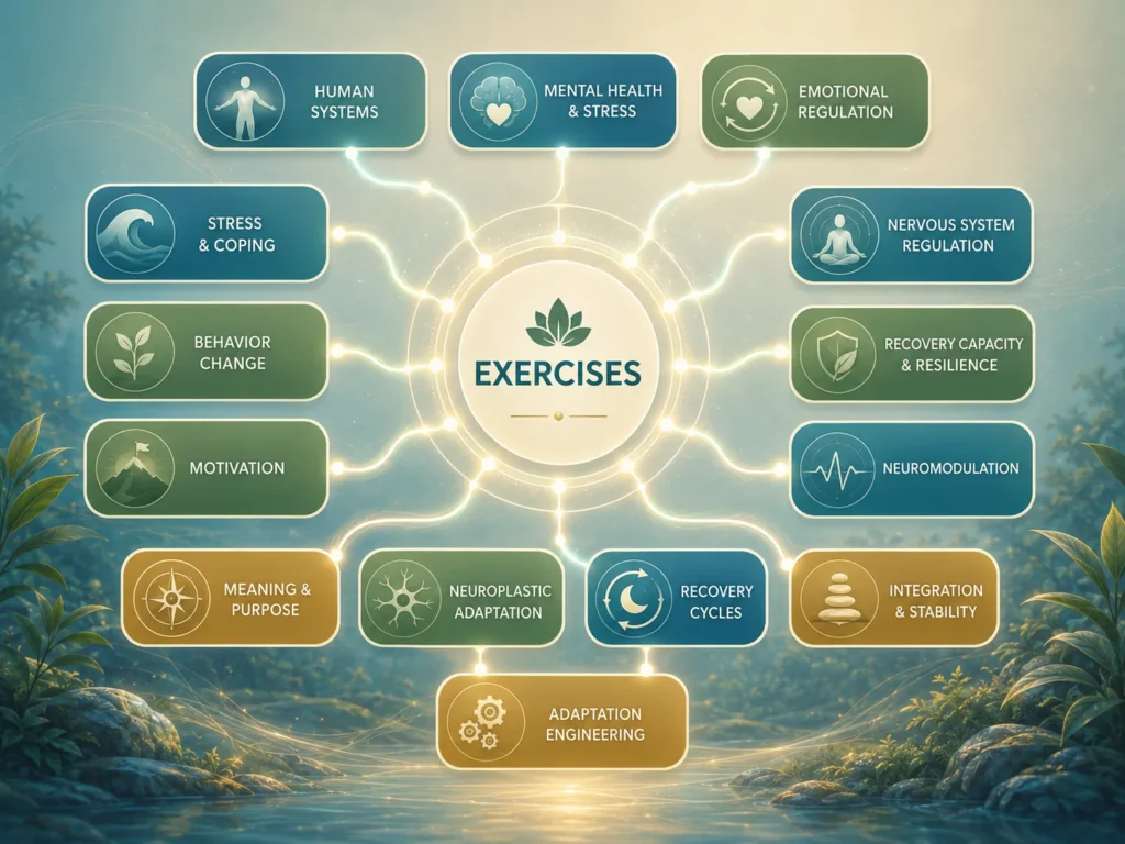 Exercises Topic Cluster Placement Exercises topic cluster map showing Human Systems, Mental Health and Stress, Behavior Change, Motivation, Nervous System Regulation, Recovery Capacity, Neuromodulation, and Adaptation Engineering.