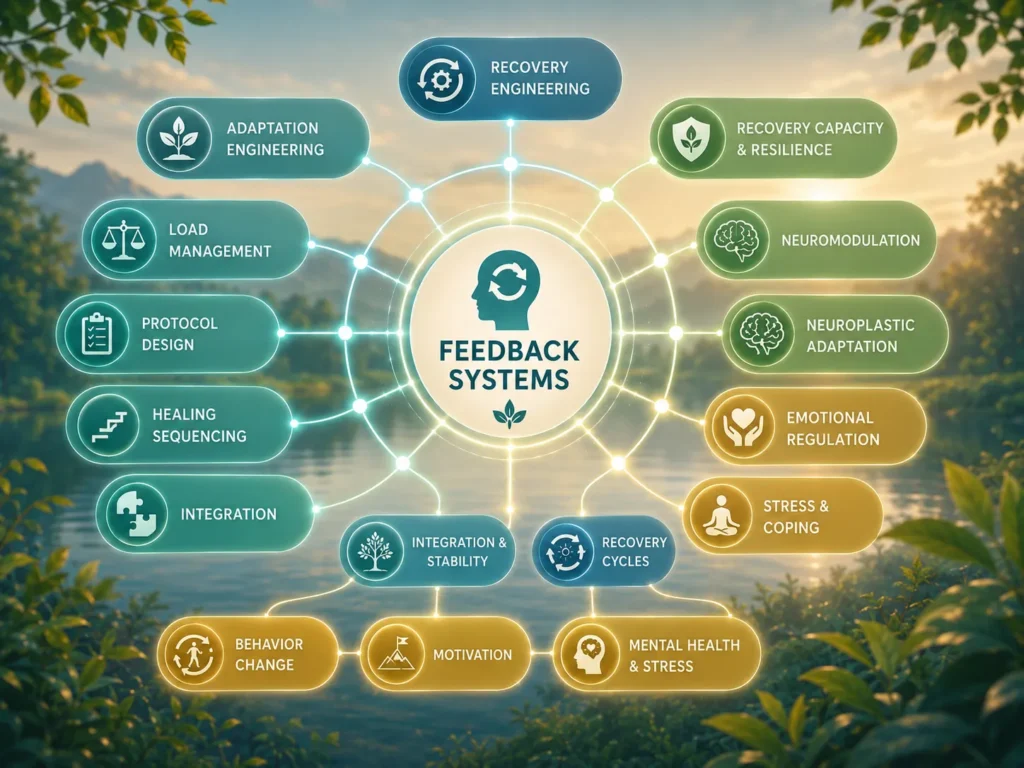 Feedback Systems Topic Cluster Placement Feedback Systems topic cluster map showing Recovery Engineering, Adaptation Engineering, Load Management, Protocol Design, Healing Sequencing, Integration, and Human Systems.